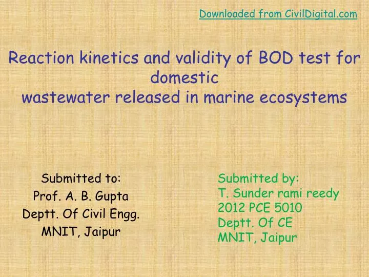 reaction kinetics and validity of bod test for domestic wastewater released in marine ecosystems