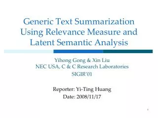 Generic Text Summarization Using Relevance Measure and Latent Semantic Analysis