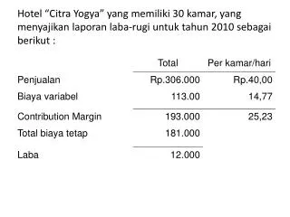 Pertanyaan : Pada tingkat penjualan (rupiah) berapakah hotel akan mencapai kondisi impas ?