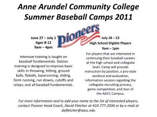 Anne Arundel Community College Summer Baseball Camps 2011