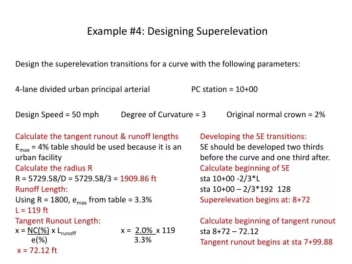 example 4 designing superelevation