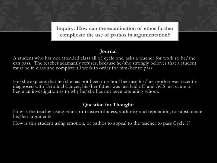 inquiry how can the examination of ethos further complicate the use of pathos in argumentation