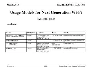 Usage Models for Next Generation Wi-Fi
