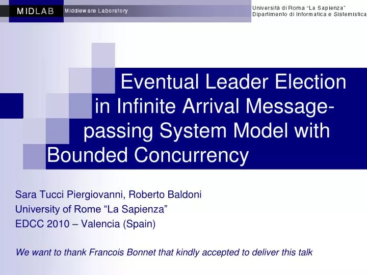 eventual leader election in infinite arrival message passing system model with bounded concurrency