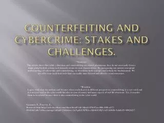 Counterfeiting and Cybercrime: Stakes and Challenges.