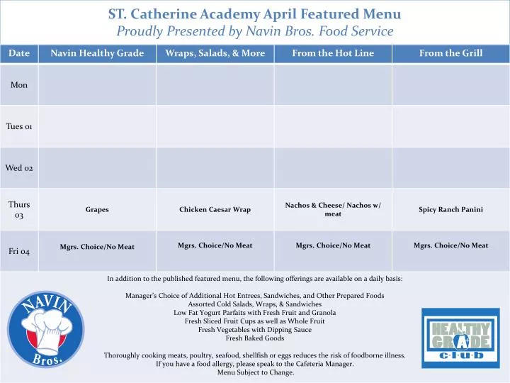 st catherine academy april featured menu proudly presented by navin bros food service