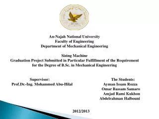 An- Najah National University Faculty of Engineering Department of Mechanical Engineering
