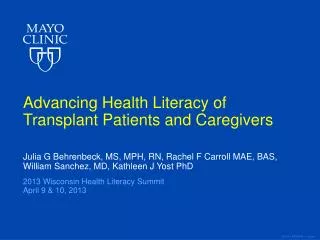 Advancing Health Literacy of Transplant Patients and Caregivers