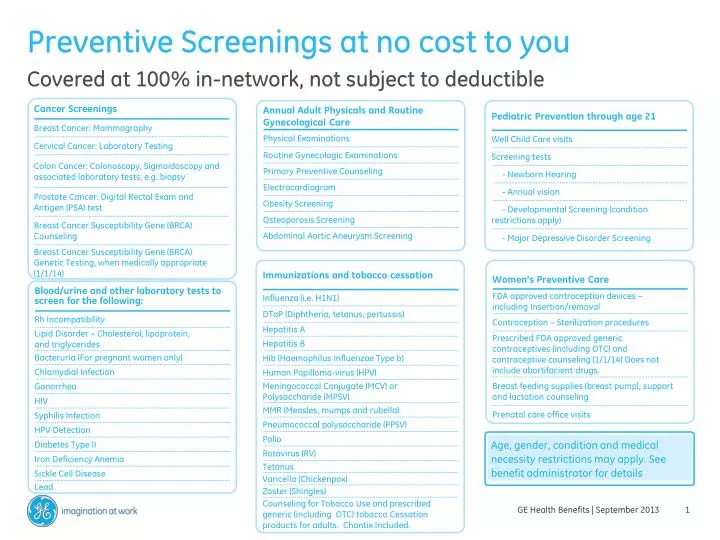 preventive screenings at no cost to you
