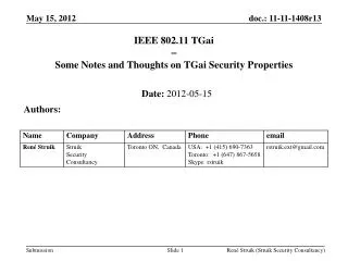 IEEE 802.11 TGai ? Some Notes and Thoughts on TGai Security Properties