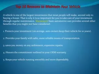 Top 10 Reasons to Maintain Your Vehicle