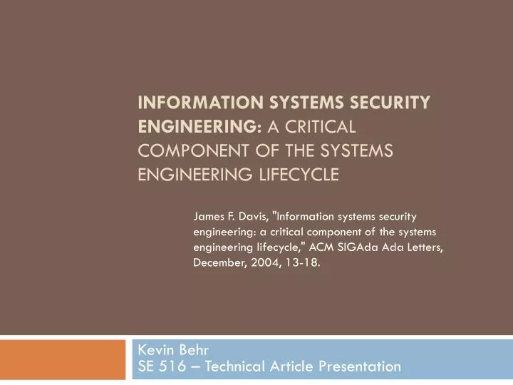 information systems security engineering a critical component of the systems engineering lifecycle