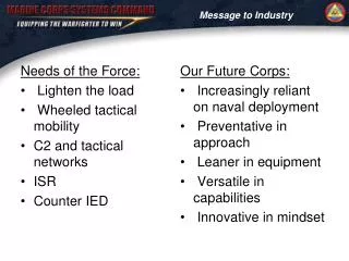 Needs of the Force: Lighten the load Wheeled tactical mobility C2 and tactical networks ISR