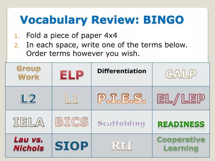 vocabulary review bingo