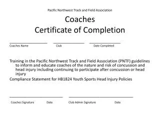 Pacific Northwest Track and Field Association Coaches Certificate of Completion