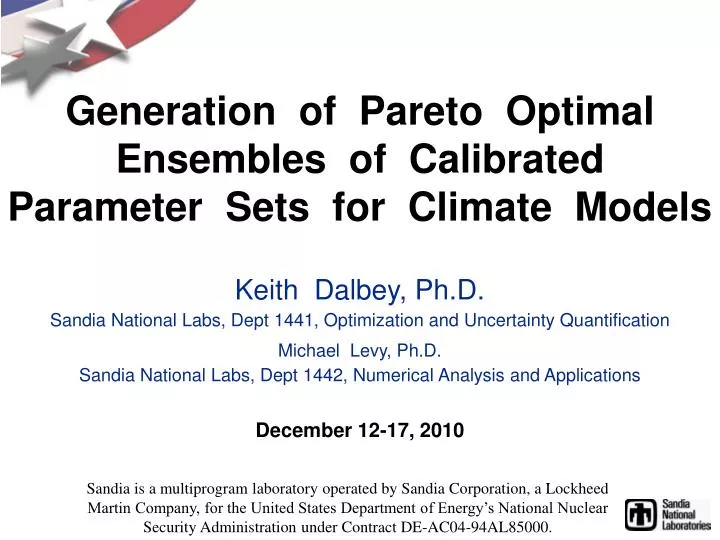 generation of pareto optimal ensembles of calibrated parameter sets for climate models