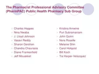 The Pharmacist Professional Advisory Committee (PharmPAC) Public Health Pharmacy Sub Group