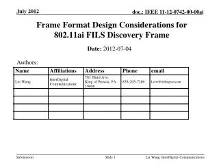 Frame Format Design Considerations for 802.11ai FILS Discovery Frame
