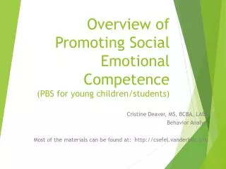 Overview of Promoting Social Emotional Competence (PBS for young children/students)