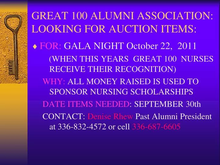 great 100 alumni association looking for auction items