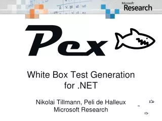 Pe x xxx White Box Test Generation for .NET Nikolai Tillmann, Peli de Halleux Microsoft Research