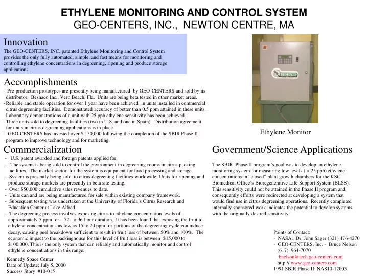 ethylene monitoring and control system geo centers inc newton centre ma