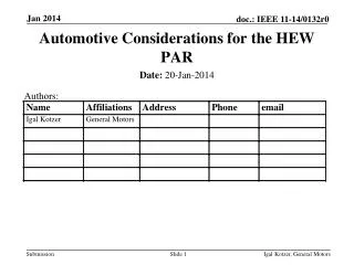 Automotive Considerations for the HEW PAR
