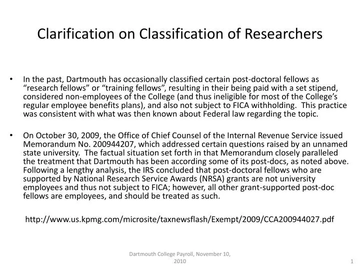 clarification on classification of researchers