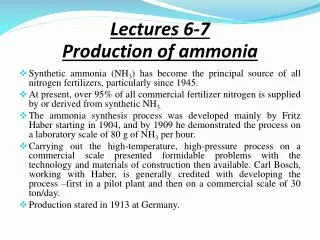 Lectures 6-7 Production of ammonia