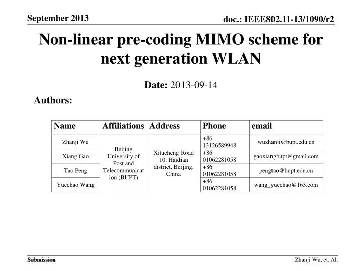 non linear pre coding mimo scheme for next generation wlan