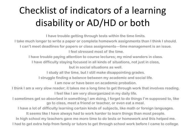 checklist of indicators of a learning disability or ad hd or both