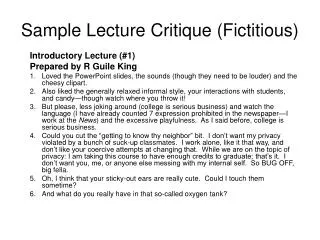 Sample Lecture Critique (Fictitious)