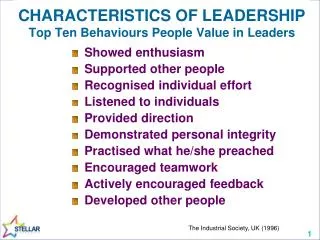 CHARACTERISTICS OF LEADERSHIP Top Ten Behaviours People Value in Leaders