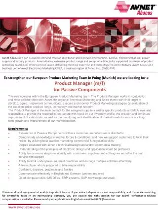 To strengthen our European Product Marketing Team in Poing (Munich) we are looking for a: