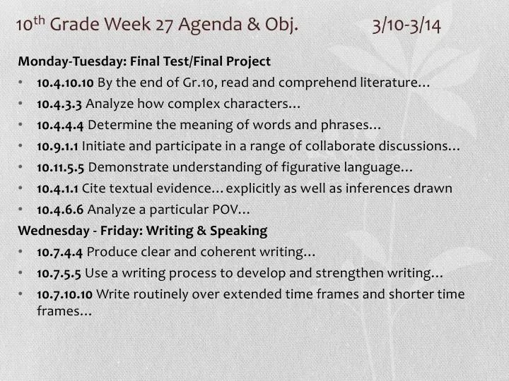 10 th grade week 27 agenda obj 3 10 3 14