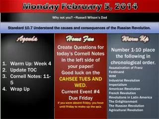 Warm Up: Week 4 Update TOC Cornell Notes: 11-5 Wrap Up