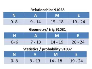 Relationships 91028 Geometry/ trig 91031 Statistics / probability 91037