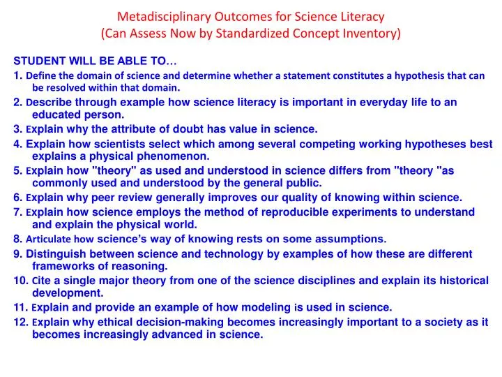 metadisciplinary outcomes for science literacy can assess now by standardized concept inventory