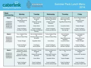 Summer Pack Lunch Menu 2014