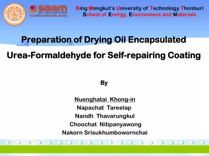 preparation of drying oil encapsulated urea formaldehyde for self repairing coating