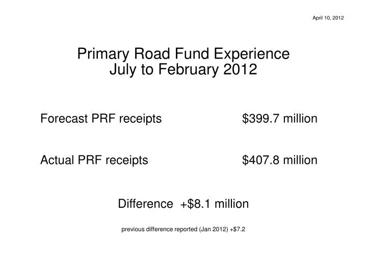 primary road fund experience july to february 2012