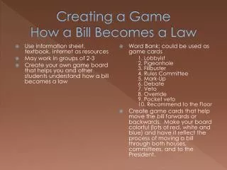 Creating a Game How a Bill Becomes a Law