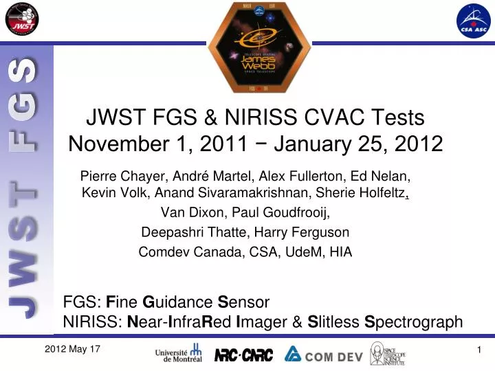 jwst fgs niriss cvac tests november 1 2011 january 25 2012