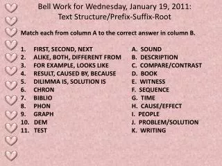 Bell Work for Wednesday, January 19, 2011: Text Structure/Prefix-Suffix-Root