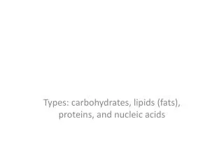 Types: carbohydrates, lipids (fats), proteins, and nucleic acids