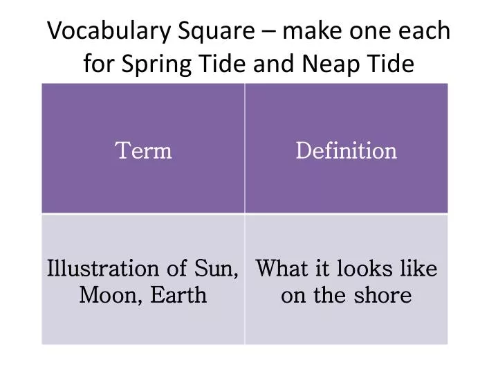vocabulary square make one each for spring tide and neap tide
