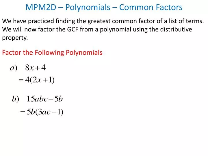 mpm2d polynomials common factors