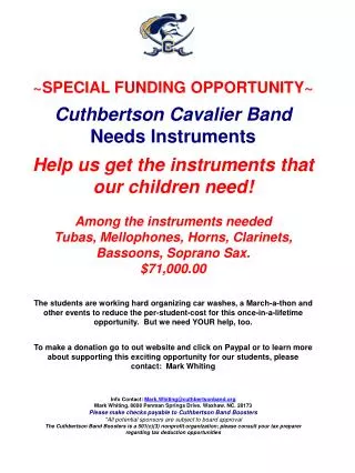 ~SPECIAL FUNDING OPPORTUNITY~ Cuthbertson Cavalier Band Needs Instruments