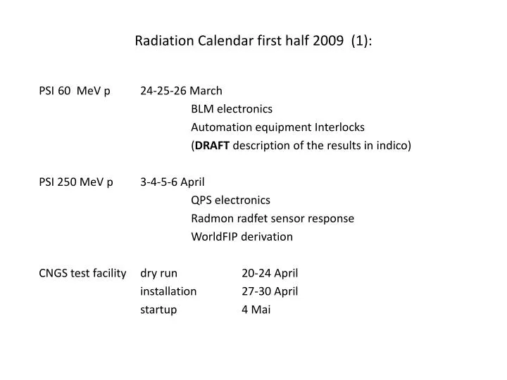 radiation calendar first half 2009 1