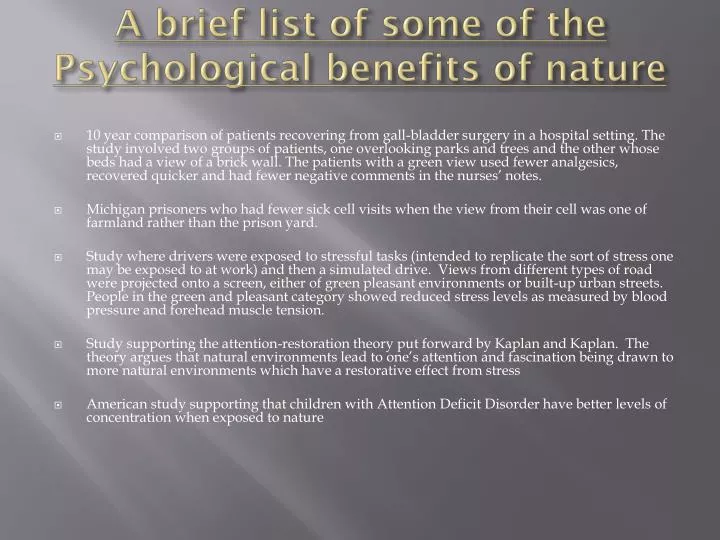 a brief list of some of the psychological benefits of nature